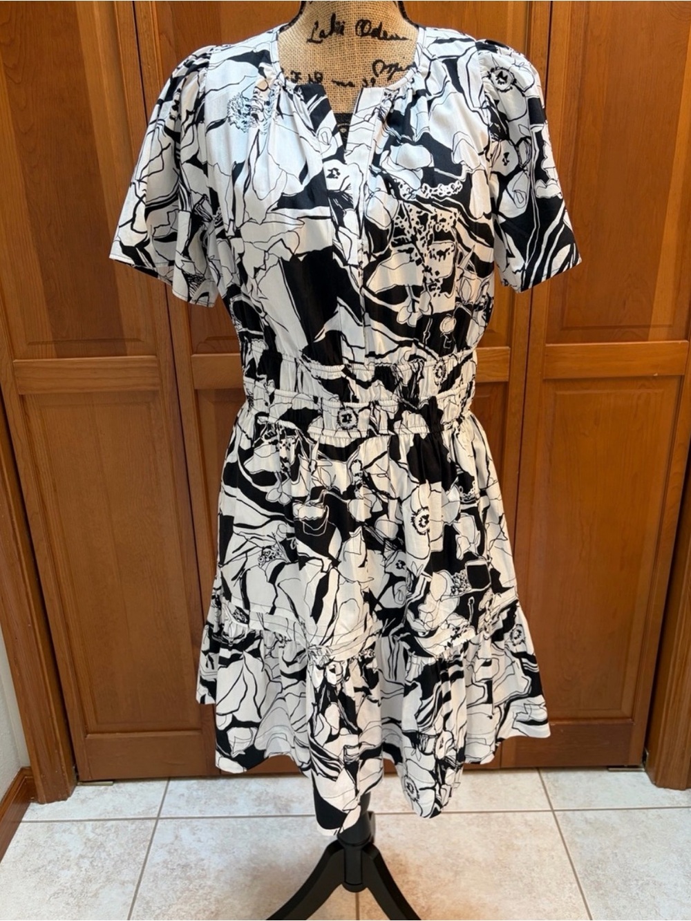 Anthropologie Somerset Black & White Floral Tiered Mini Dress